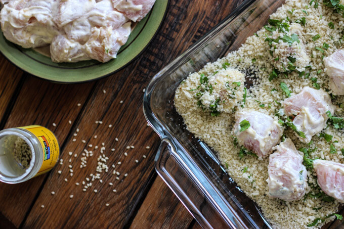 raw chicken pieces coated in panko.