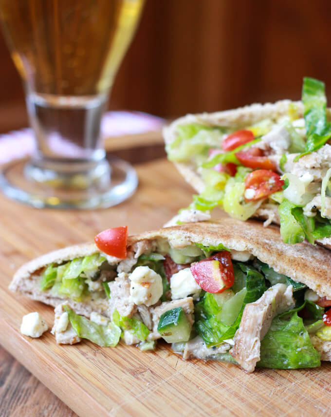 Greek chicken salad stuffed into a pita pocket.