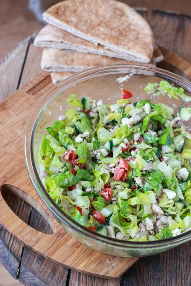 chopped Greek chicken salad in a bowl.