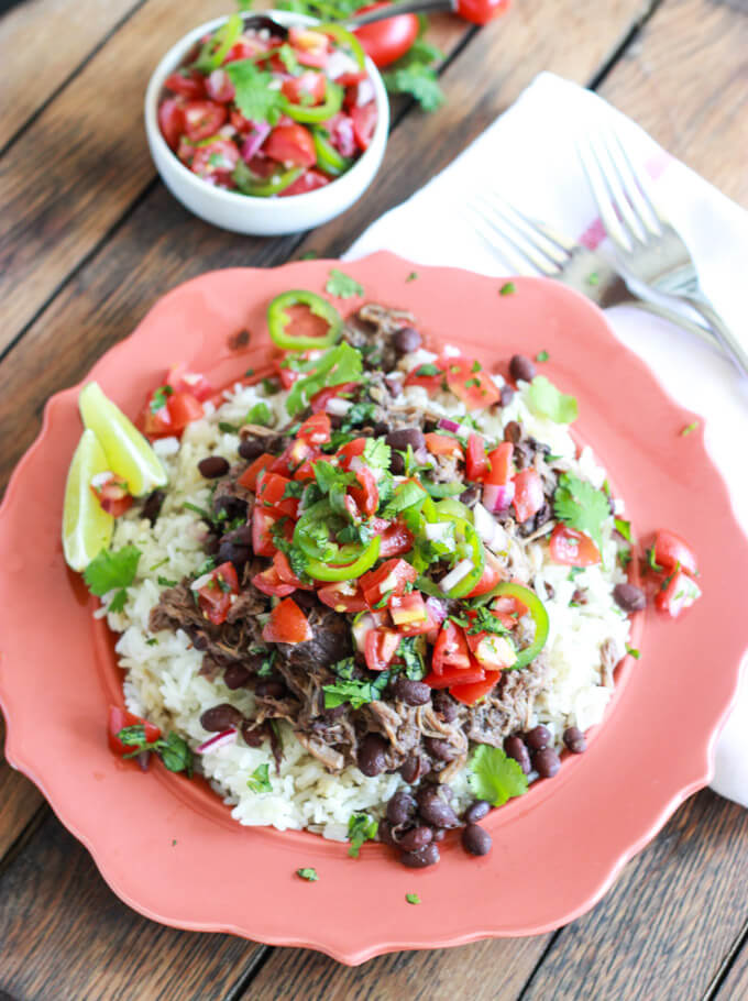 pork and beans over rice with fresh salsa.