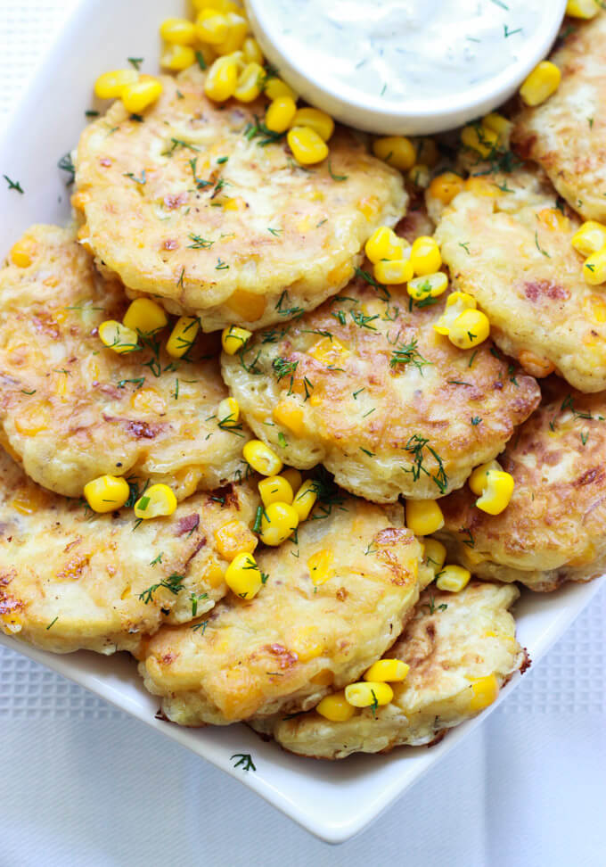 Corn And Bacon Fritters With Garlic Dill Crema Little Broken
