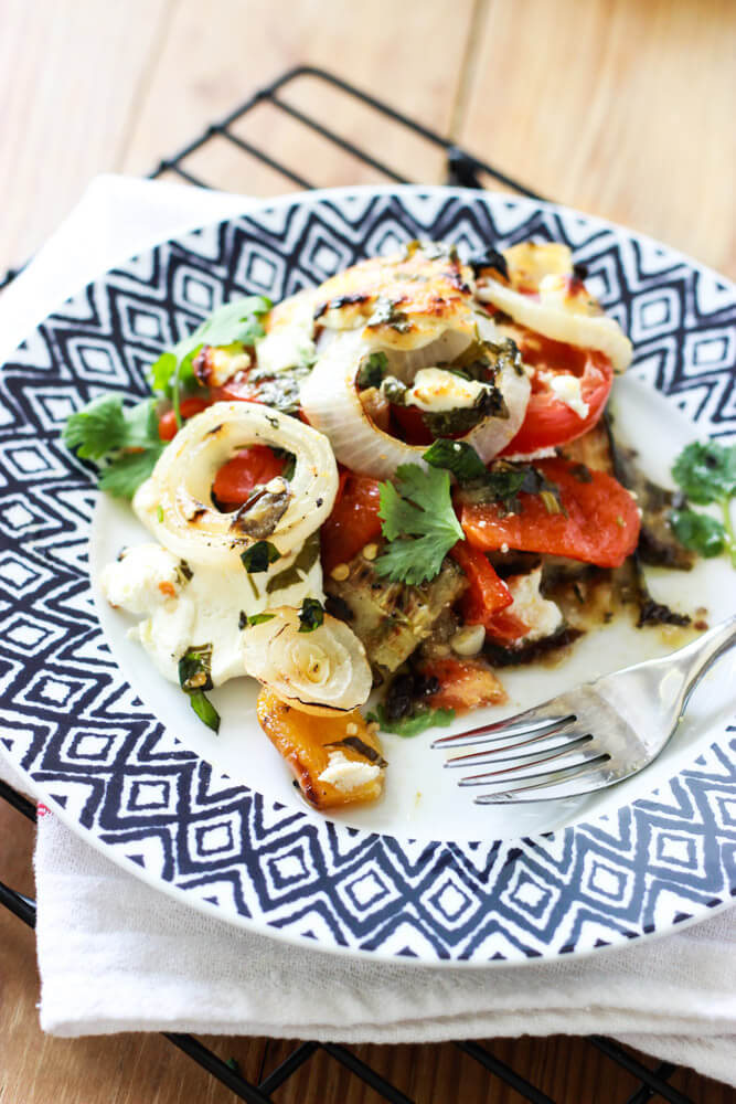 Zucchini and Eggplant Bake with Goat Cheese and Herbs - healthy side to any dish. Omit cheese for paleo or vegan | littlebroken.com @littlebroken