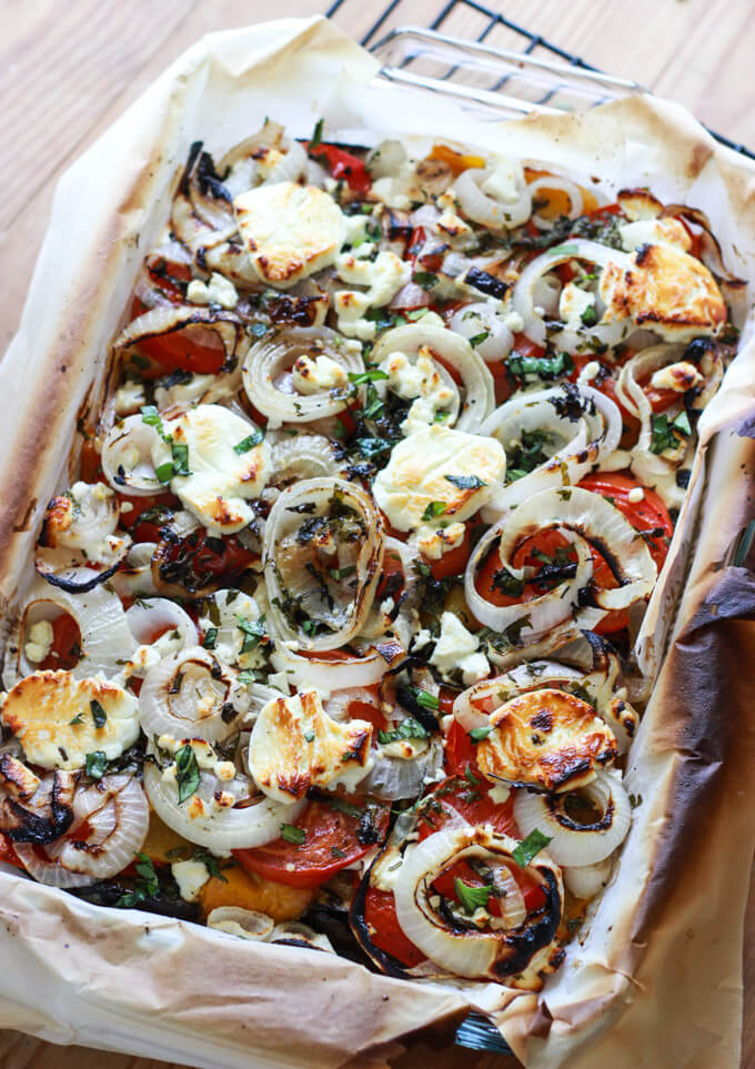 Zucchini and Eggplant Bake with Goat Cheese and Herbs - healthy side to any dish. Omit cheese for paleo or vegan | littlebroken.com @littlebroken