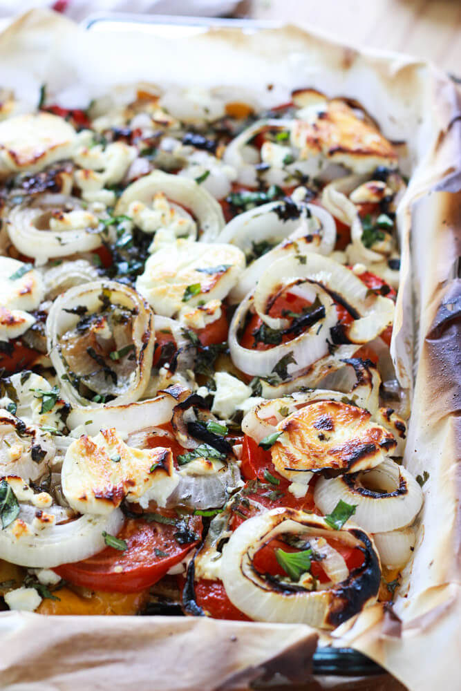 Zucchini and Eggplant Bake with Goat Cheese and Herbs - healthy side to any dish. Omit cheese for paleo or vegan | littlebroken.com @littlebroken