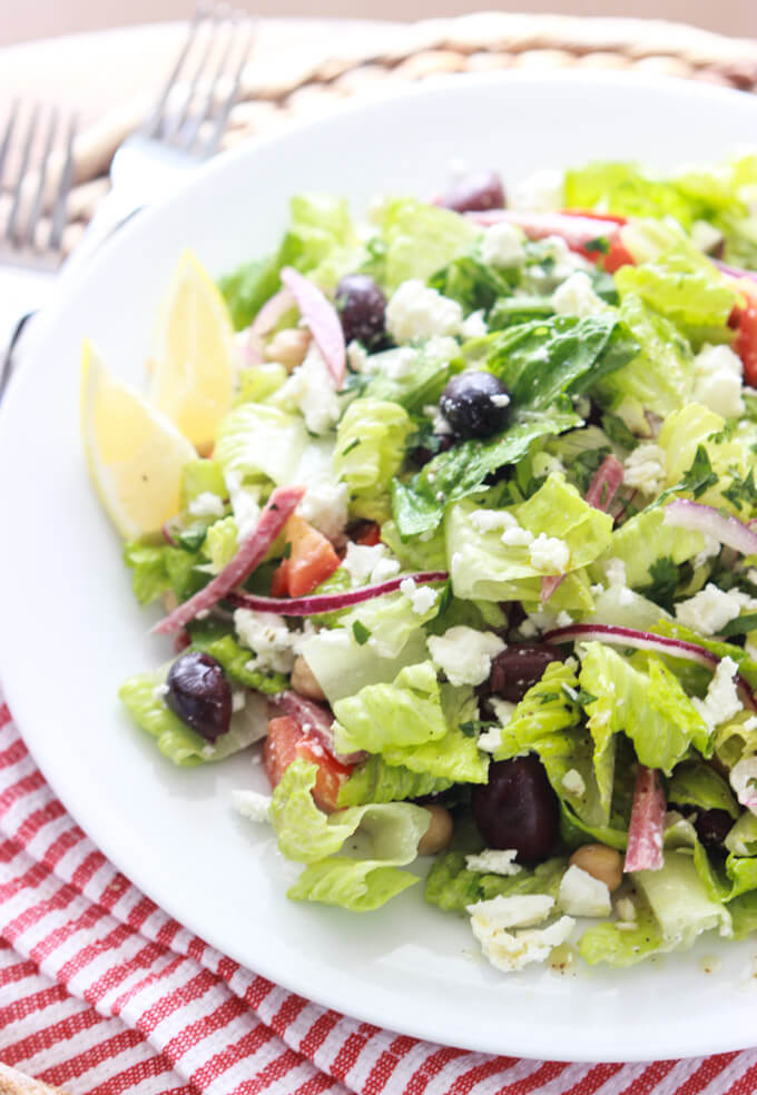 Greek Italian Chopped Salad - antipasto platter but in a salad form! All your favorite Greek + Italian flavors combined | littlebroken.com @littlebroken
