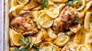 overhead lemon roasted chicken and potatoes
