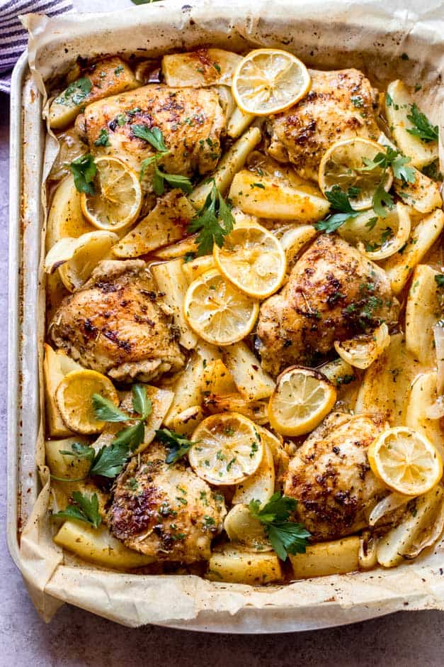 overhead lemon roasted chicken and potatoes