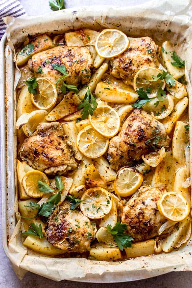 One Pan Lemon Roasted Chicken And Potatoes Little Broken