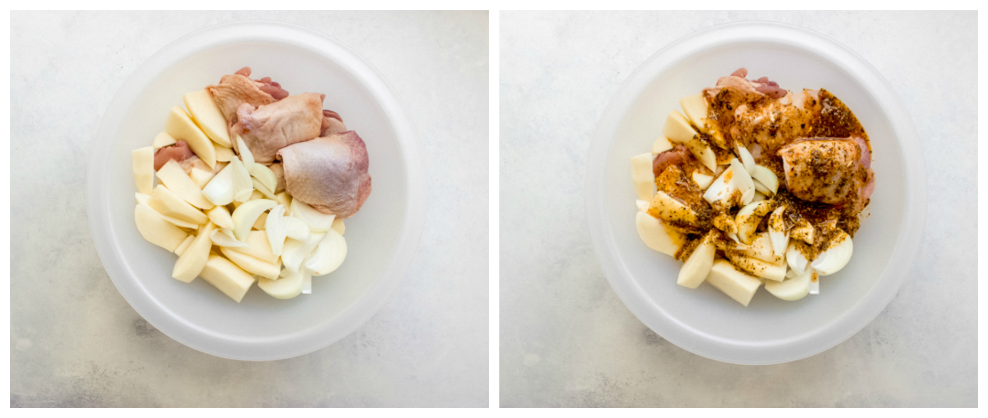 chicken and potatoes in a bowl with spice mixture