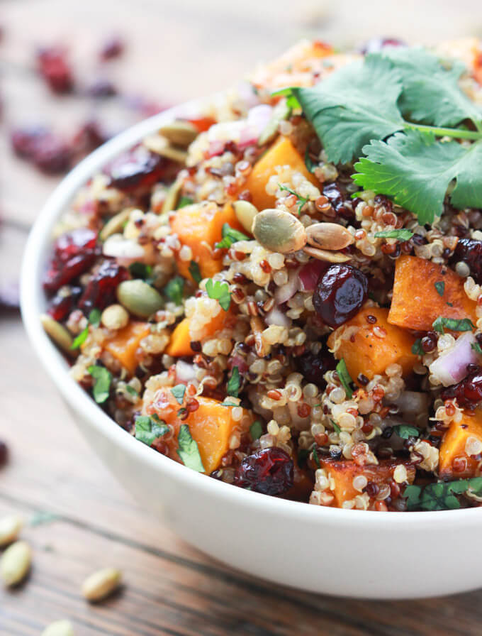 Close up side view of butternut squash cranberry quinoa salad