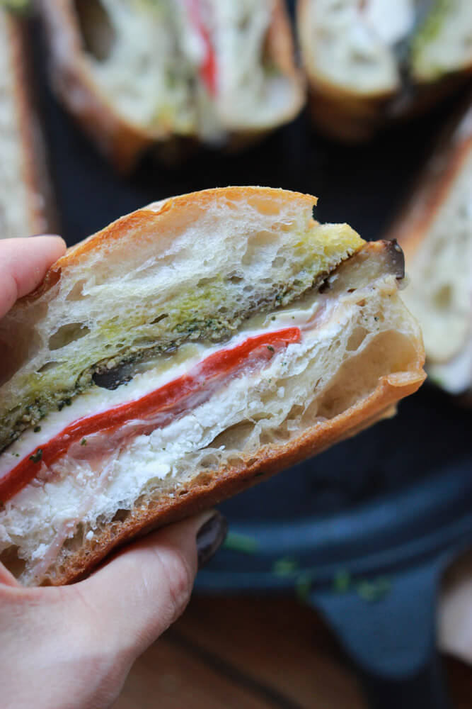 sandwich with ciabatta, prosciutto, and mozzarella.