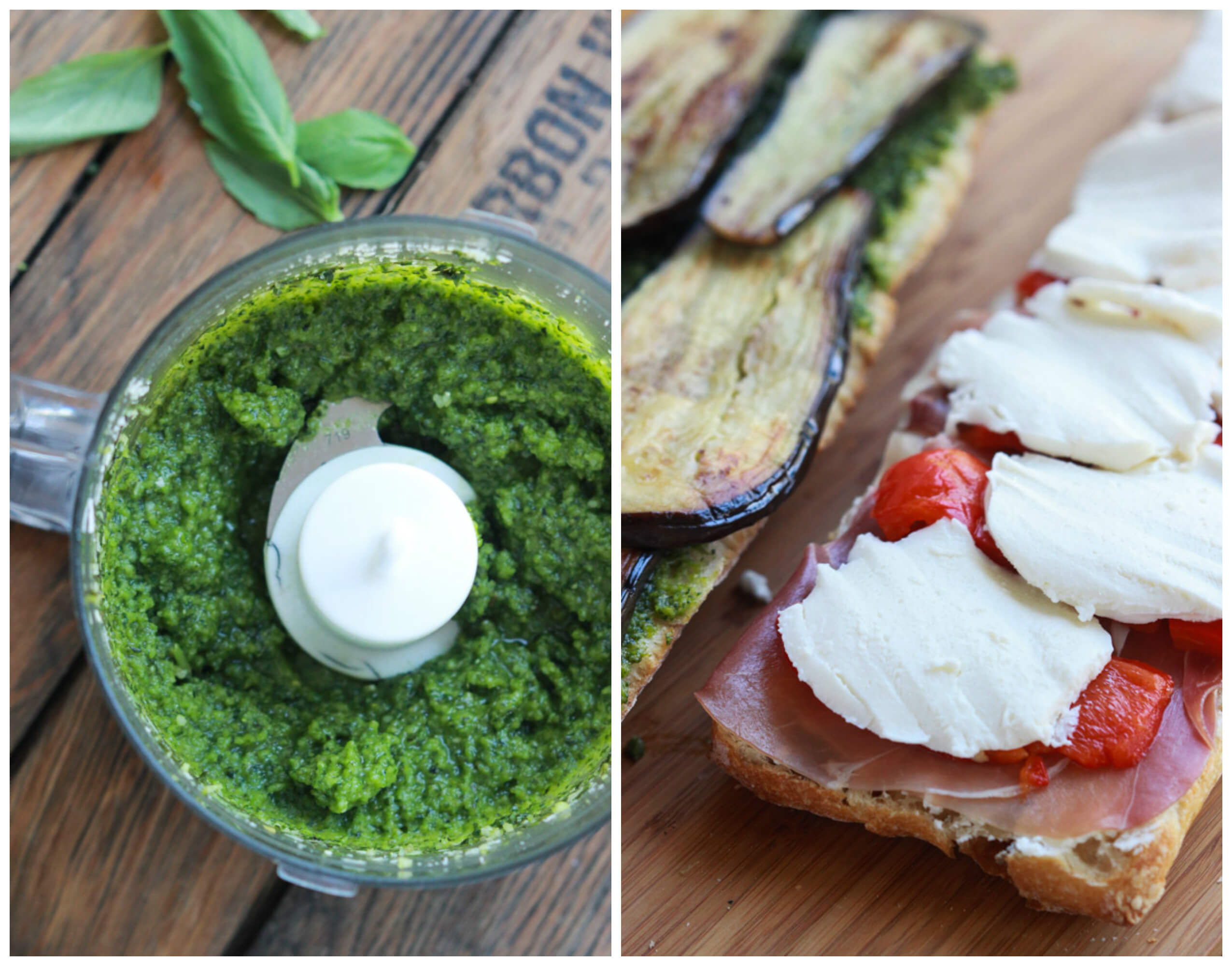 two photos showing pesto in one, and assembled sandwich in second.