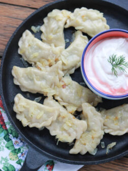 3 ingredient dough and 3 ingredient filling: potatos + crispy bacon + caramelized onion make up this delicious Russian comfort food | littlebroken.com @littlebroken #vareniki #perogies #dough