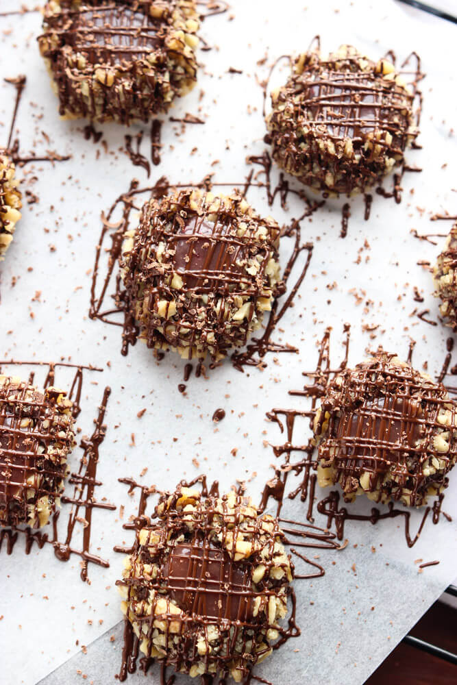 chocolate caramel thumbprint cookies