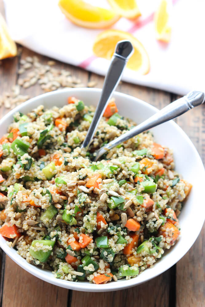Healthy quinoa salad with crispy veggies and orange vinaigrette. Fresh, light, and delicious | littlebroken.com @littlebroken