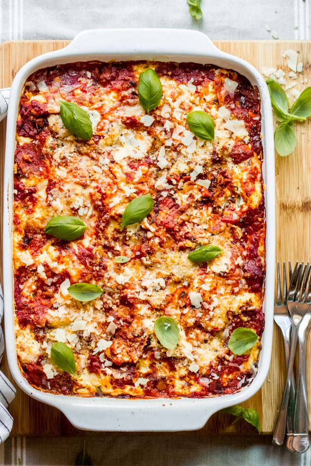 overhead of ina garten lasagna in white casserole dish.