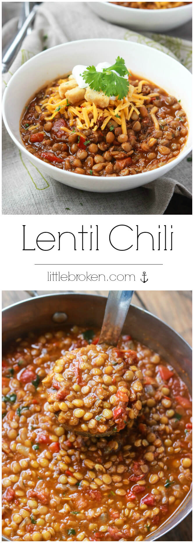 Healthy chunky chili made with lentils instead of meat but tastes just like your favorite meat chili! Gluten free, vegan, vegetarian | littlebroken.com @littlebroken 