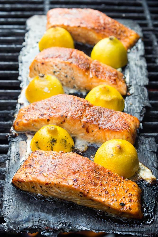 lemon salmon on cedar plank.