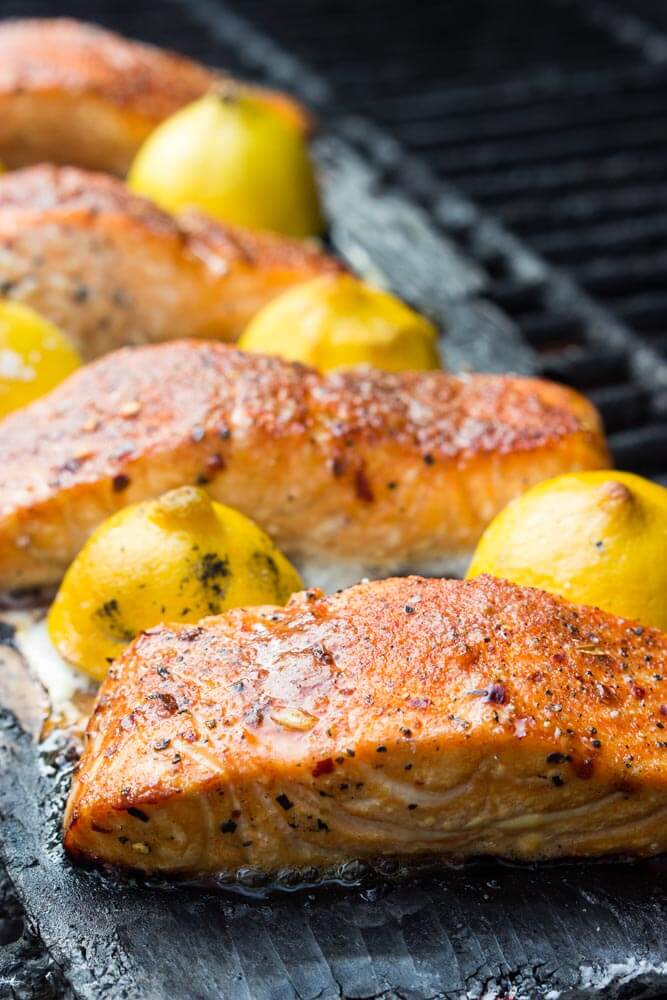 close up of grilled salmon.