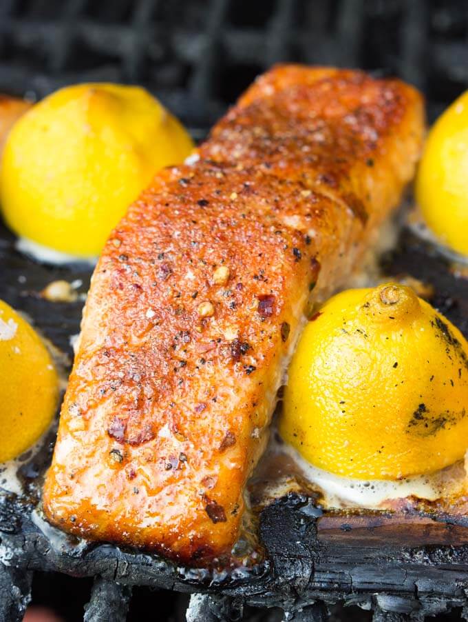 cedar smoked salmon with lemons.