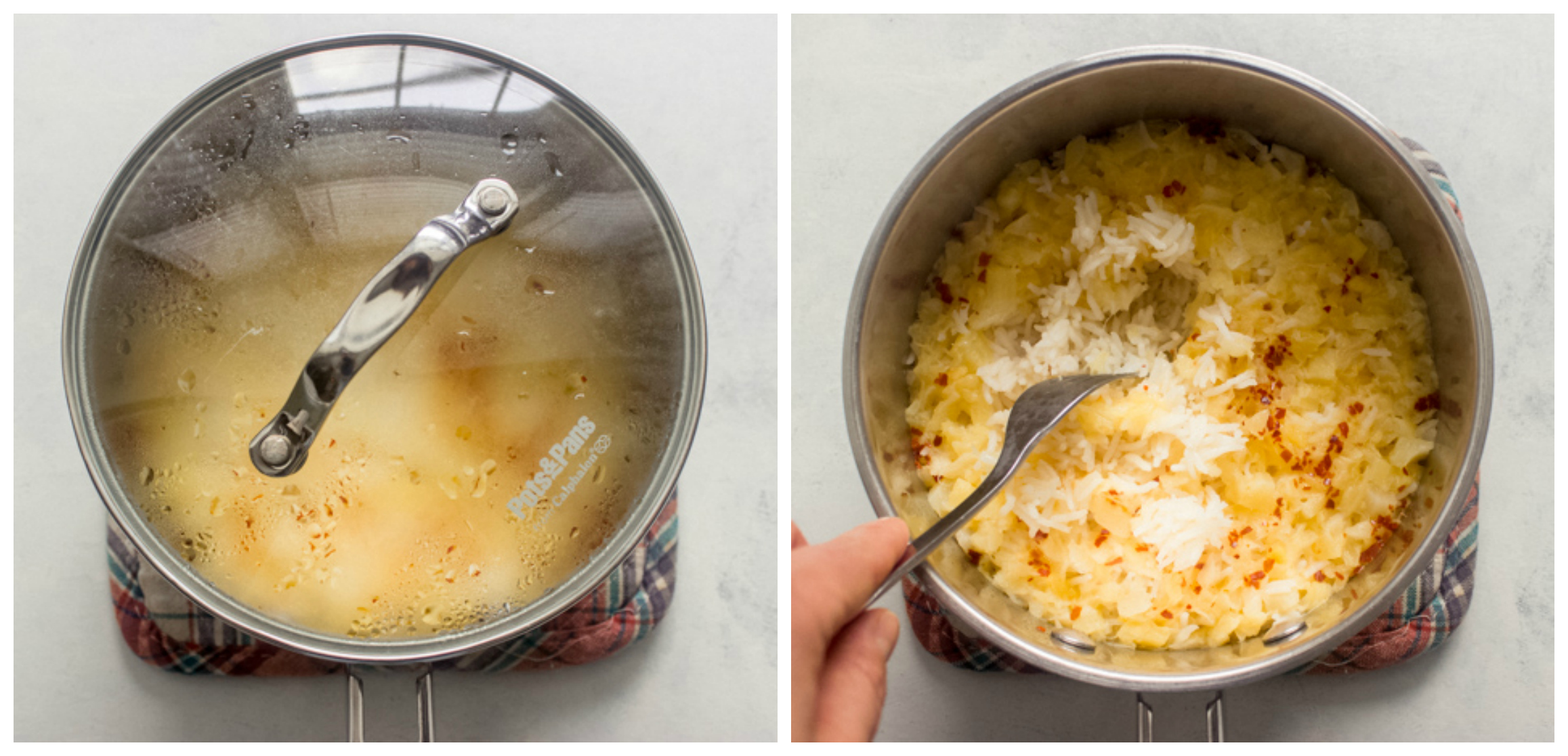 cooked tropical rice in saucepan