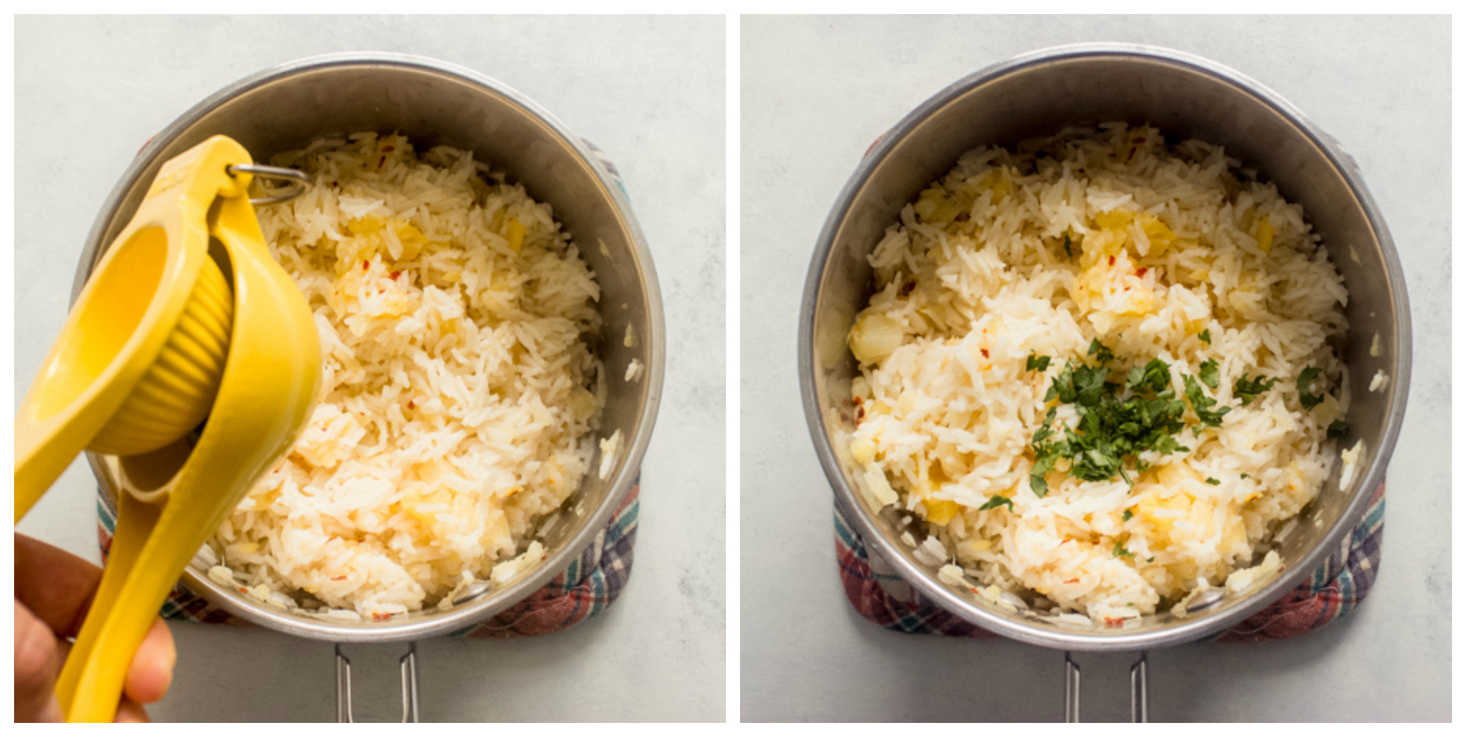 fluffed pineapple rice recipe in saucepan