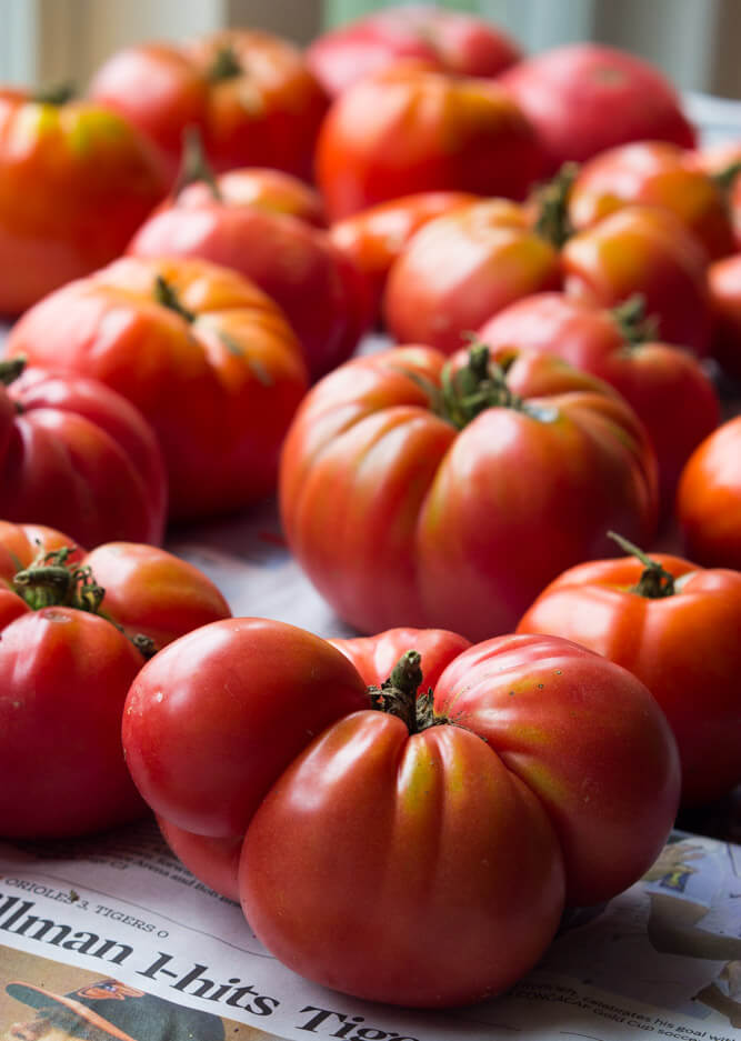 close up of heirloom tomatoes on newspaper