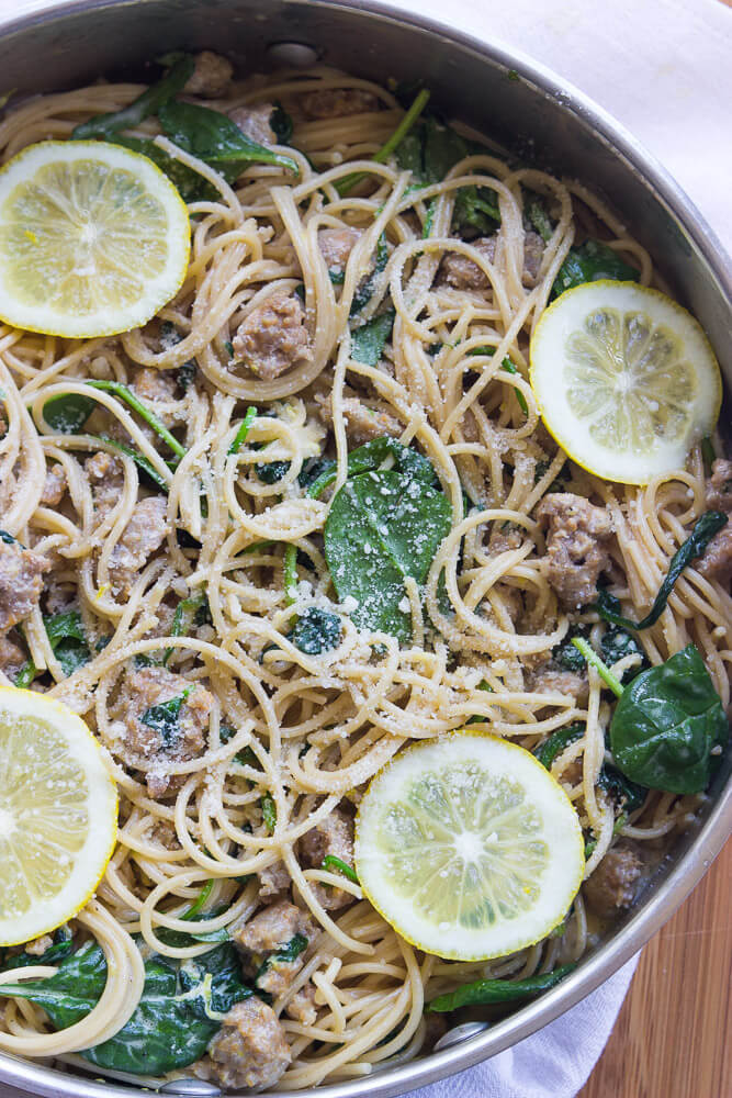 30Minute Lemon Spaghetti with Sausage and Spinach Little Broken