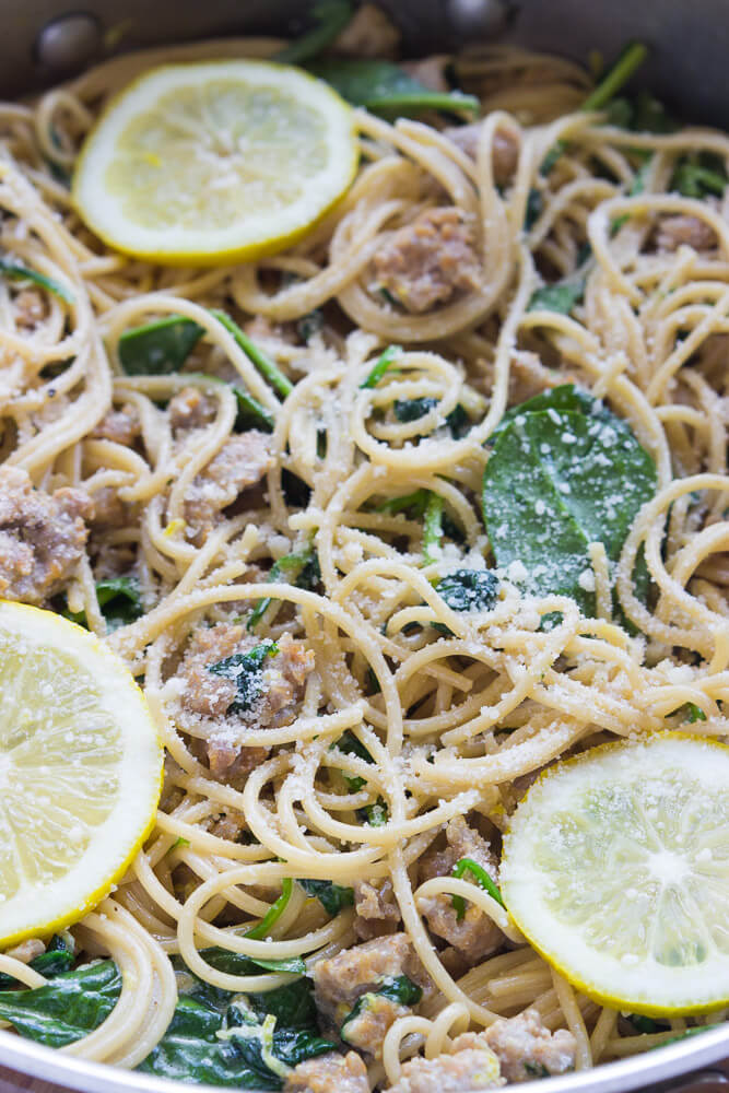 30Minute Lemon Spaghetti with Sausage and Spinach Little Broken