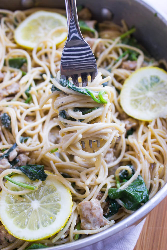 30Minute Lemon Spaghetti with Sausage and Spinach Little Broken