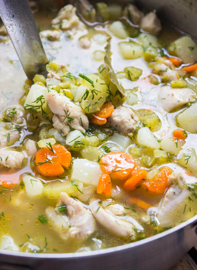 close up chicken pea soup in soup pot