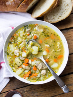 overhead of chicken split pea soup