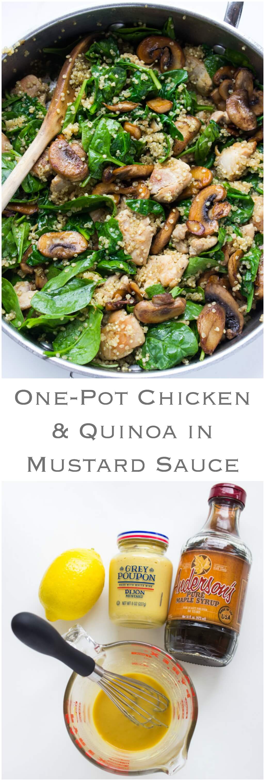 Healthy one-pot chicken and quinoa dinner, with baby spinach and mushrooms in a tangy sweet mustard sauce | littlebroken.com @littlebroken
