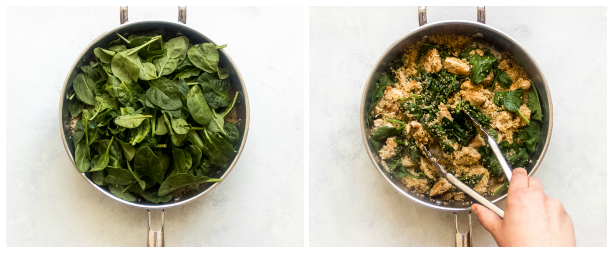 spinach with quinoa in saute pan