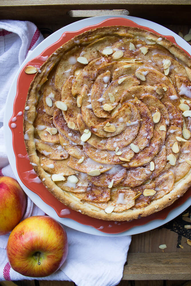 easy apple tart on a red plate.