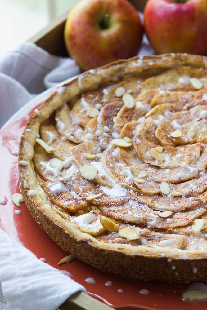 side view close up of apple tart.