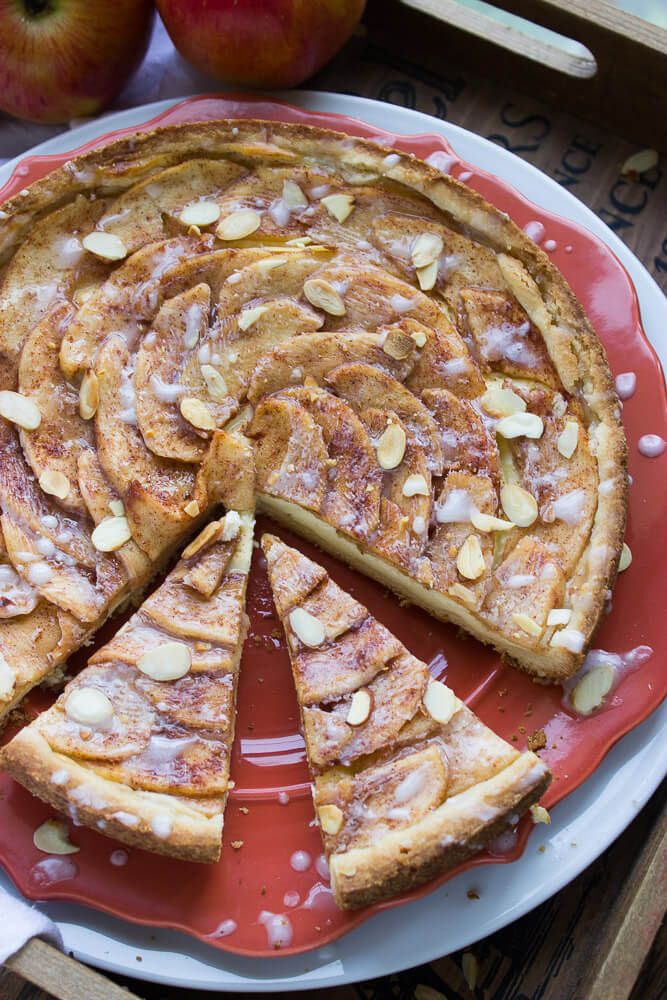 sliced apple tart on a plate.