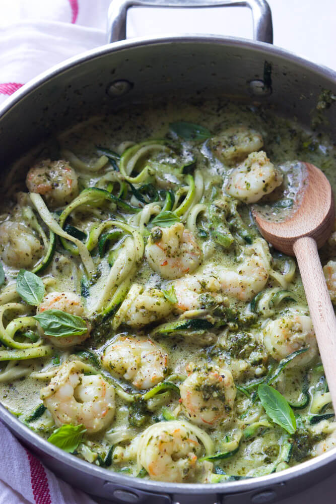 creamy pesto zoodles with shrimp