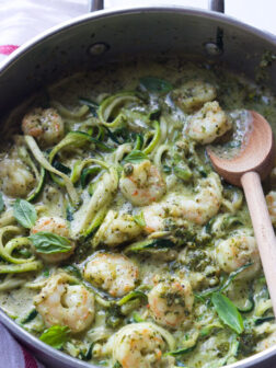 One-Pot Creamy Pesto Shrimp Zucchini Noodles - saucy shrimp in creamy pesto over tender crisp zucchini noodles. On the table in 30 min! | littlebroken.com @littlebroken