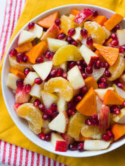 Winter Fruit Salad with Honey Lemon Syrup - healthy, festive and vibrant winter fruit salad with simple 2 ingredient honey syrup. Healthy Thanksgiving fruit | littlebroken.com @littlebroken