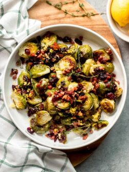 overhead roasted brussel sprouts with cranberries