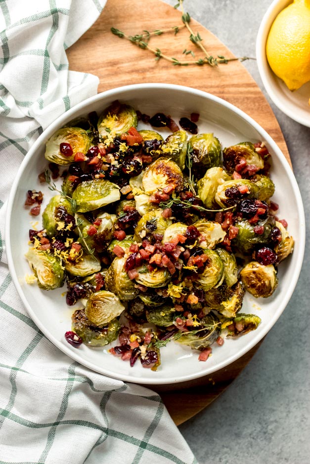 overhead roasted brussel sprouts with cranberries