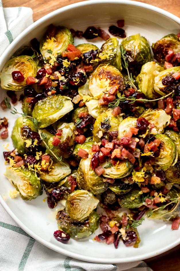 close up brussel sprouts and prosciutto