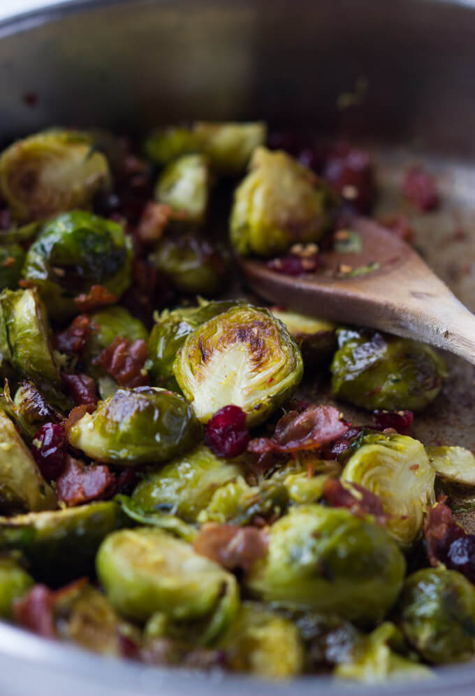 Roasted Lemon Brussels Sprouts with Cranberries and Prosciutto - Little ...
