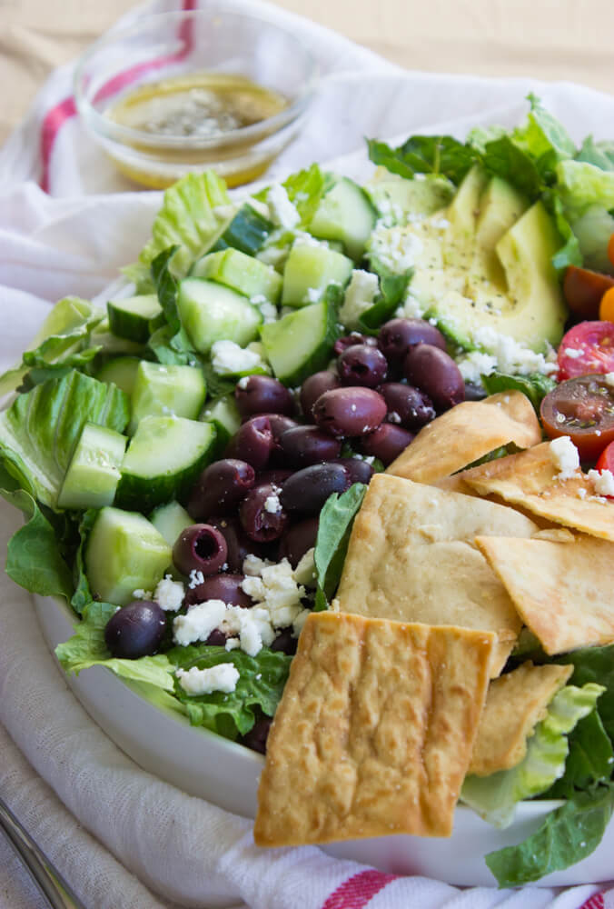 Greek Salad with Avocado and Pita Chips - Little Broken