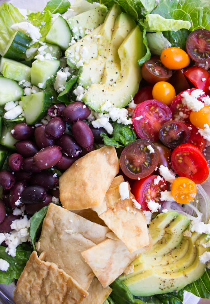 Greek Salad with Avocado and Pita Chips Little Broken