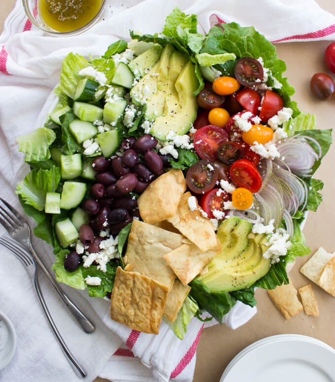 Greek Salad with Avocado and Pita Chips Little Broken