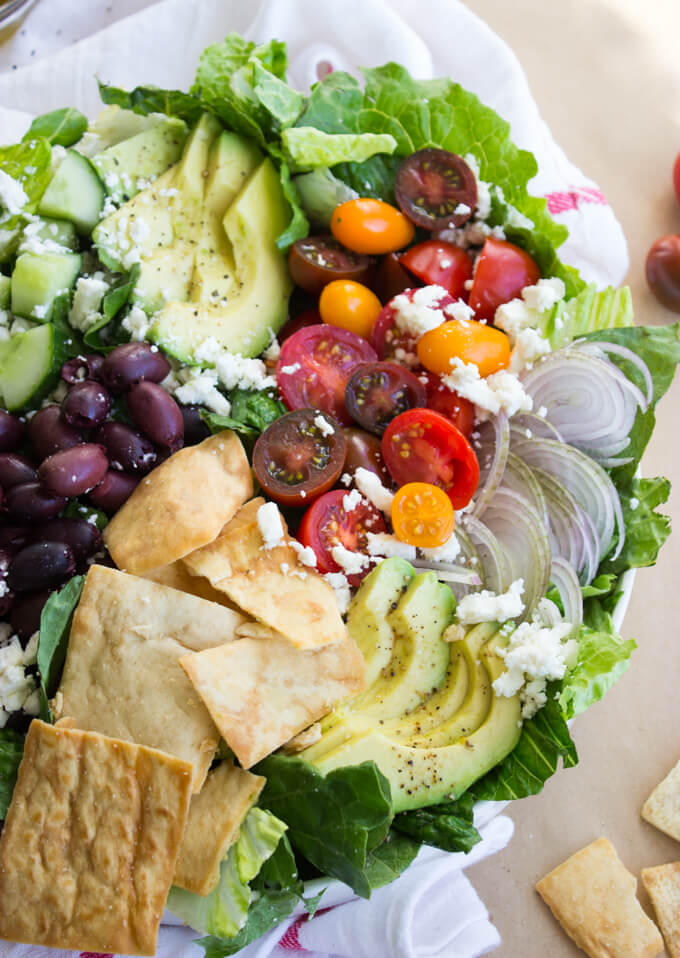 Greek Salad with Avocado and Pita Chips Little Broken