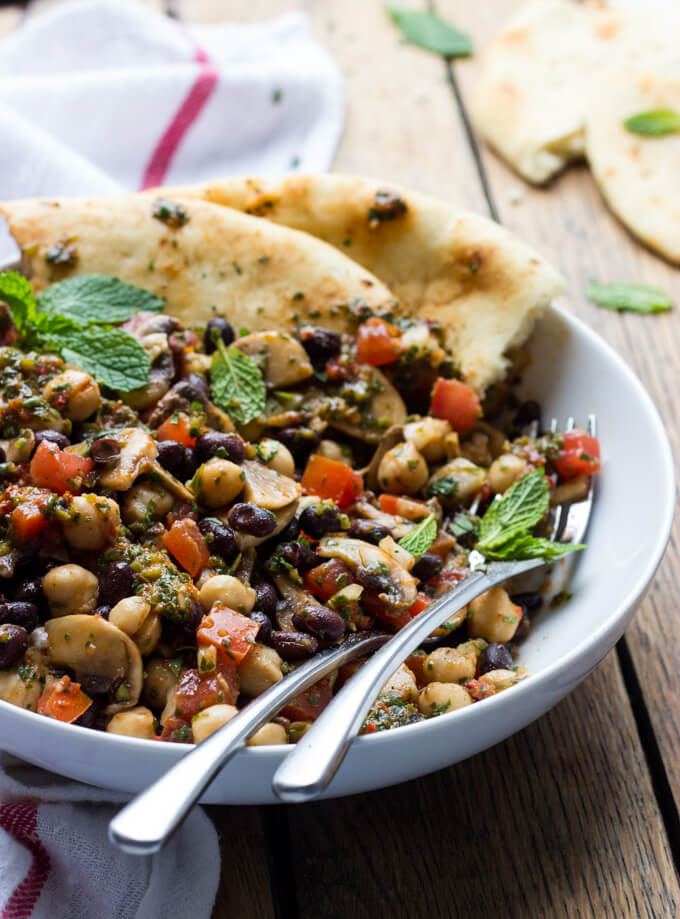 Mediterranean Bean Salad with Mushrooms - this side is a flavor bomb! So easy to make with simple ingredients. Plus it's vegetarian and vegan! | littlebroken.com @littlebroken