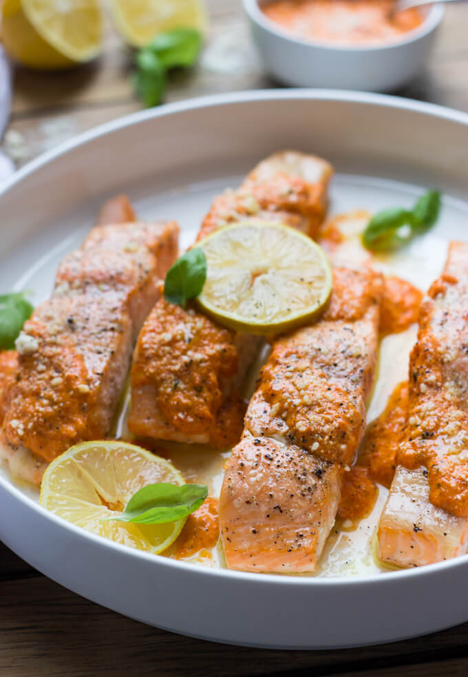 Oven Roasted Salmon with Red Pepper Sauce - Little Broken